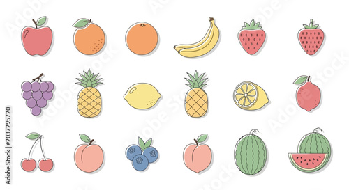 Colorful fruit icons on white background.