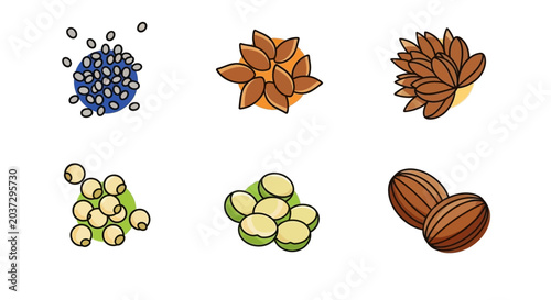 Variety of nuts and seeds displayed.