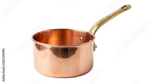 Copper saucepan with brass handle on transparent background