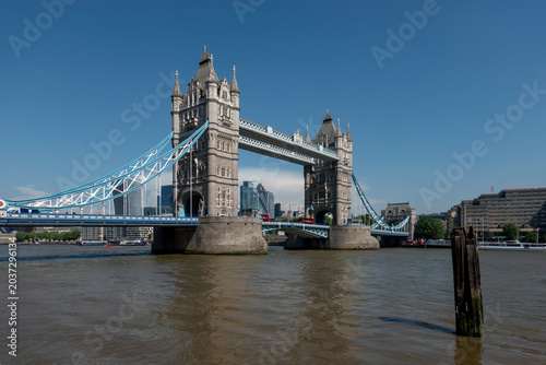 London, UK, 27th May 2026 - Tower Bridge in London.  Sunshine.  Wide angle.The city of London financial district in the background