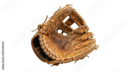 Fotografie Worn leather baseball glove with lacing detailed texture on transparent backgrou