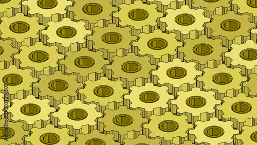 Mechanical horizontal backdrop of shafts and gears connected into a single torque transmission system. 3D vector background top view at an angle