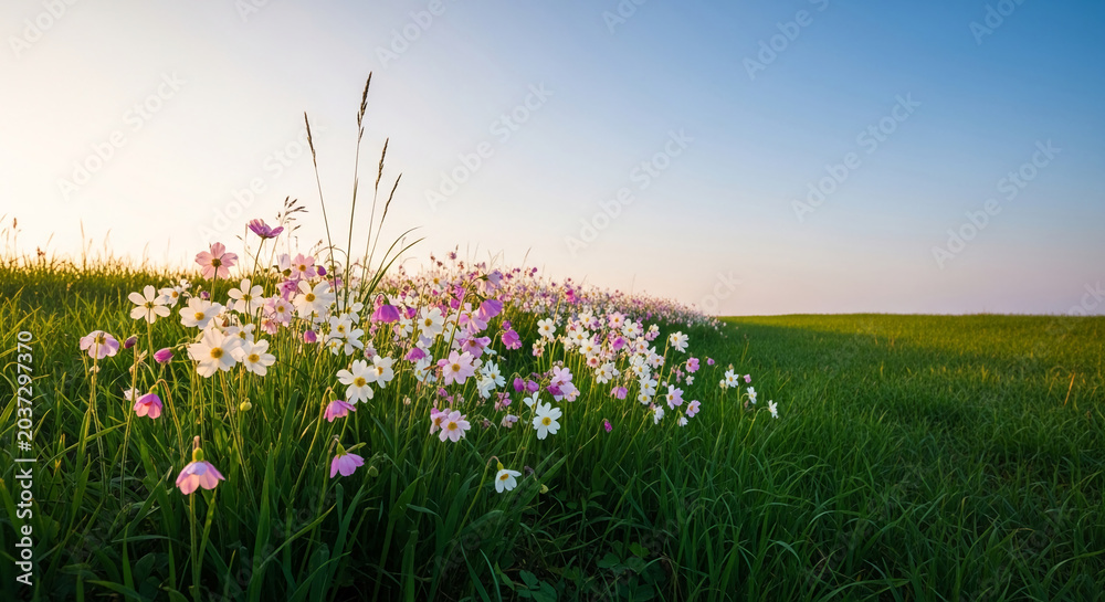 Obraz premium A field of delicate pink and white wildflowers against a clear sky at sunrise, symbolizing new beginnings, nature's beauty, and serenity, ideal for nature and lifestyle themes.