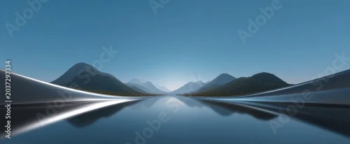 Panel kuchenny z motywem 3D render of a serene lake with reflective metallic silver forms in a minimalist landscape.