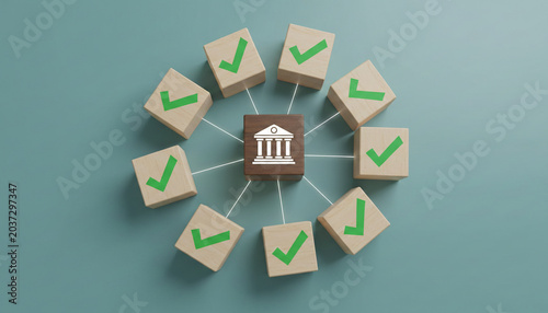 Wooden blocks with green checkmarks and a central block with a building icon, symbolizing approval, agreement, and a verified process, representing business or financial success