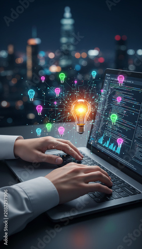 Glowing lightbulbs connect via circuits over a laptop displaying code, symbolizing innovation, ideas, and technological advancement against a city backdrop