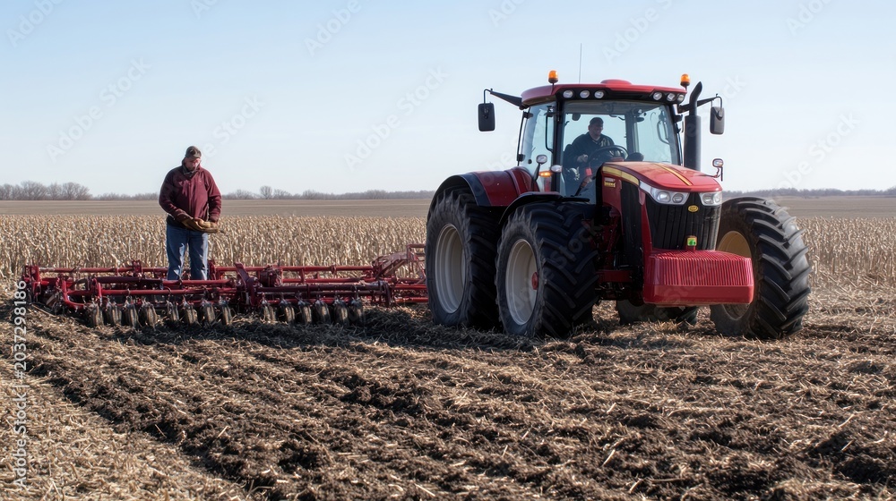 Fototapeta premium Farmer operating a tractor with a harrow in a field