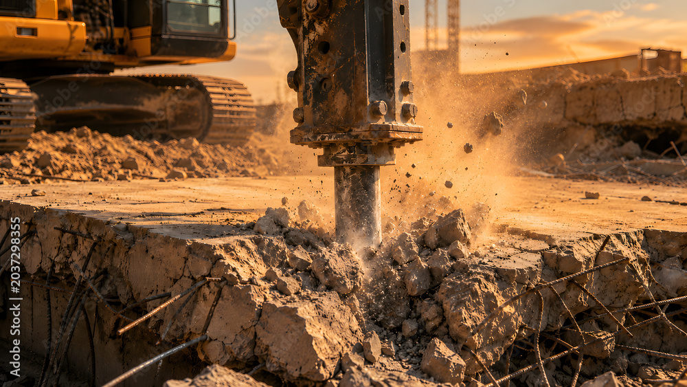 Fototapeta premium Hydraulic hammer breaking concrete during sunset demolition work