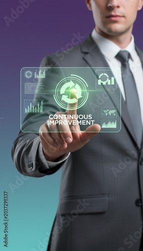 Businessman touching a digital screen displaying a cycle icon and text 'CONTINUOUS IMPROVEMENT', showcasing business progress and growth