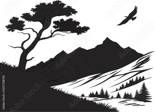 Black silhouette landscape with tree mountains birds and trees