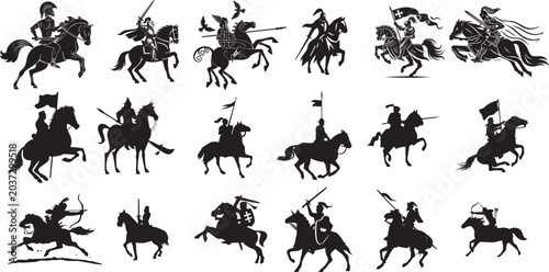 Foto Black silhouettes of horse riders, horseback riding icons, equestrian vector gra