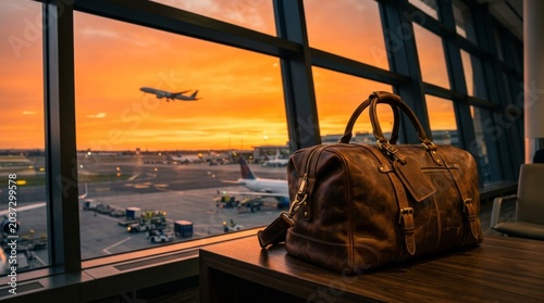 Vintage Leather Luggage in VIP Airport Lounge at Sunset with Plane Taking Off