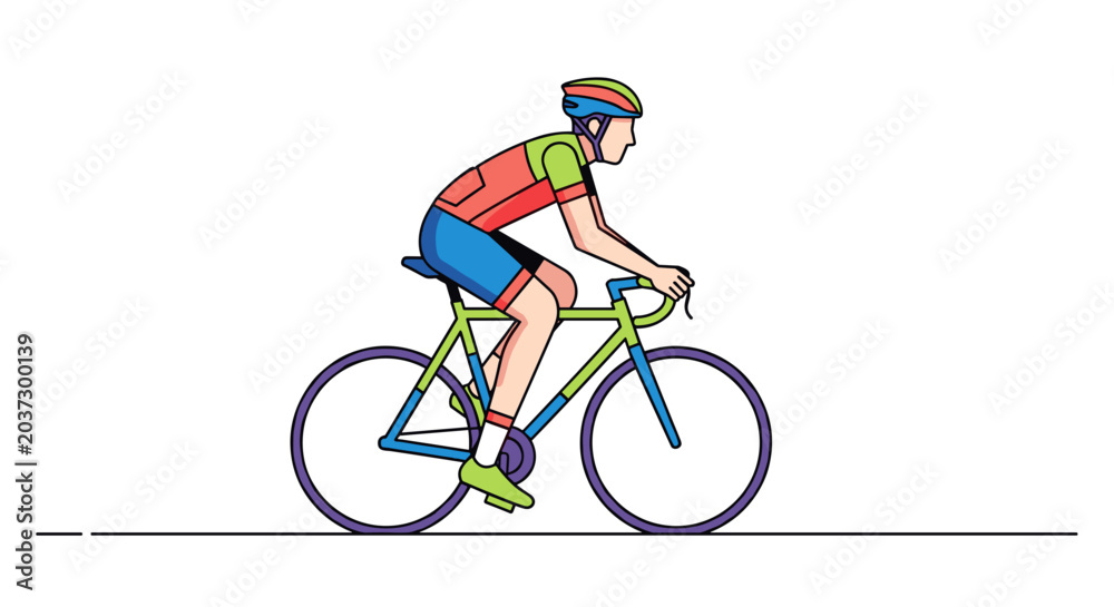 Naklejka premium Cyclist riding a bicycle on a road wearing cycling gear and helmet Vector