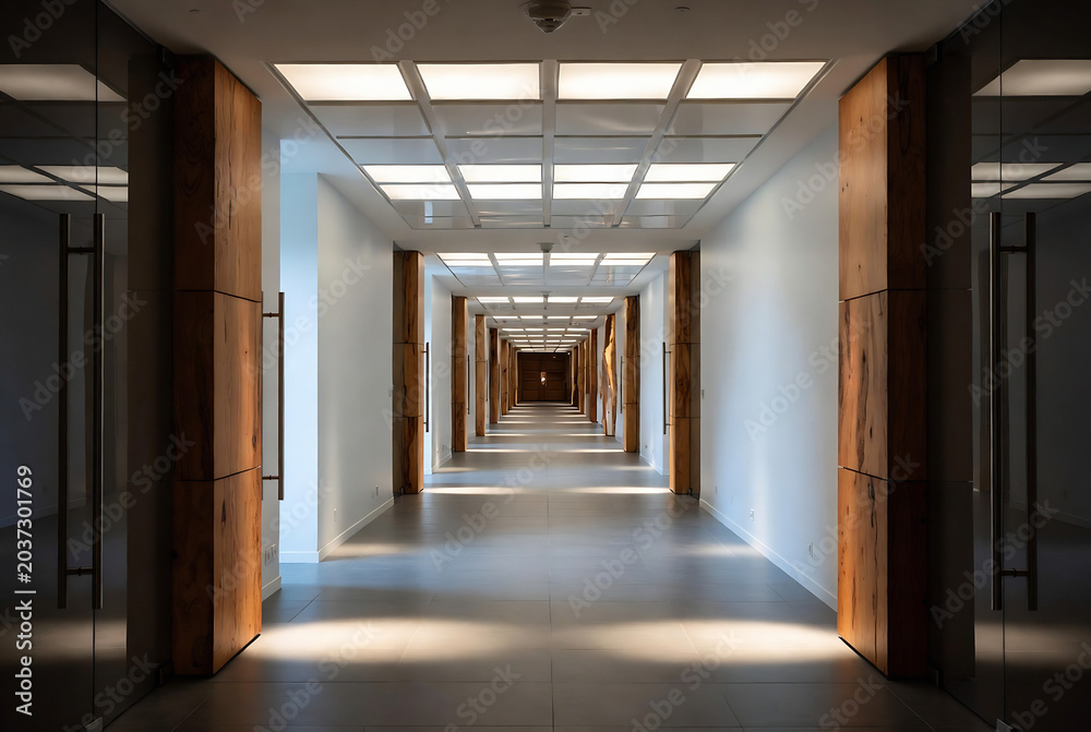 Naklejka premium A long, modern hallway with wood-paneled columns and bright overhead lighting receding into the distance.
