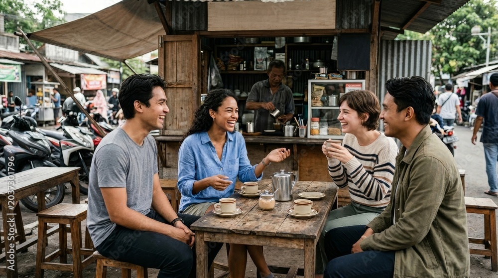 Fototapeta premium Young Adults Socializing over Coffee at Outdoor Cafe