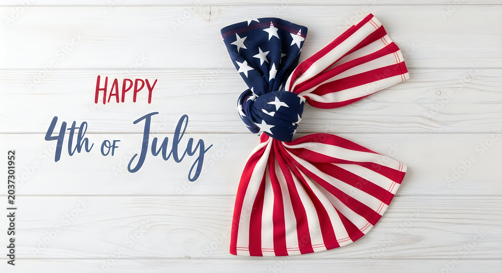 Obraz premium Festive fourth of july arrangement with american flag fabric and calligraphy text on whitewashed wood