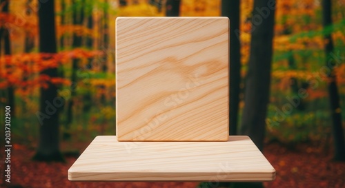 Blank Wooden Blocks Displayed in Autumn Forest Setting.