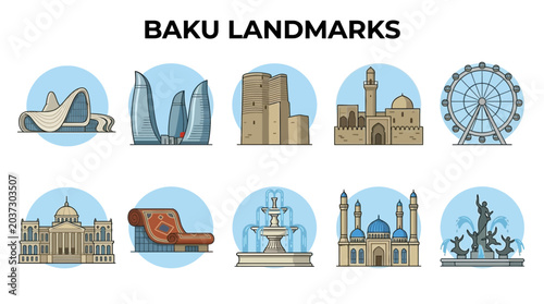 Tableau sur toile Collection of Baku Landmarks Illustrations.