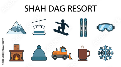 Foto Shah Dag Resort Winter Sports and Leisure Icons Collection.