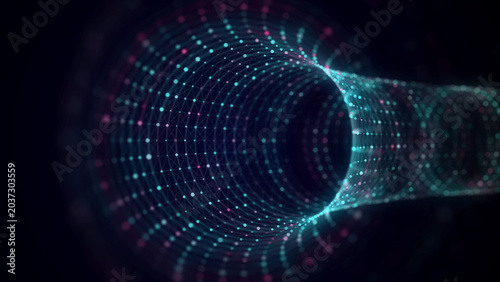 Cyber tunnel consisting of moving glowing points. Futuristic infinite space background. Concept of data transfer in cyberspace. Hi-tech illustration. 3d rendering.