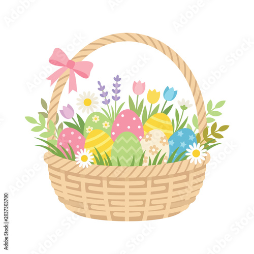 Colorful Easter eggs in basket.