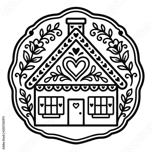 Black and white house illustration.