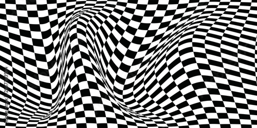 Fotografie Dynamic black and white abstract background with a dramatically warped grid pattern, creating a powerful optical illusion effect