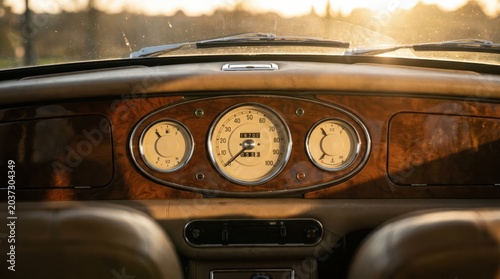 Vintage car dashboard with analog gauges, wooden panel, and warm sunlight outside.