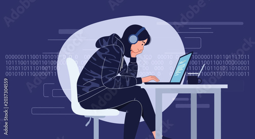 Young coder in headphones working on laptop with binary code background