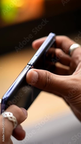 Person holding a slim blue smartphone camera close up.