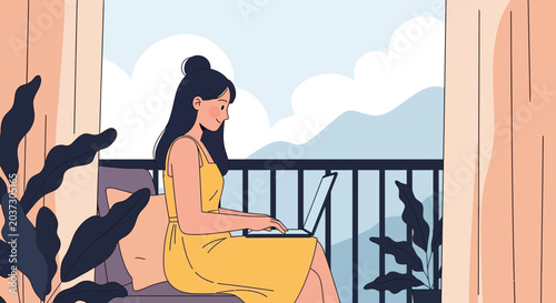 Woman working on laptop on balcony with mountain view
