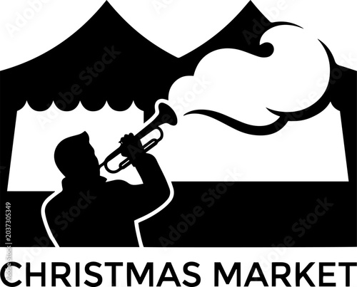 
A silhouette of a musician playing a trumpet under a tent at a Christmas Market, with musical notes flowing out, embodying festive street musicians at winter market
