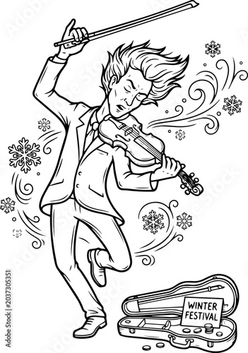 A dynamic violinist with flowing hair plays passionately, surrounded by snowflakes and swirls, with an open violin case labeled 