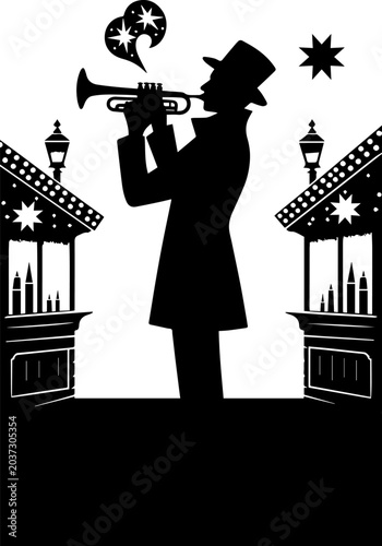 A musician plays an accordion under Christmas trees, with musical notes floating in the air, capturing the charm of street musicians at winter market.