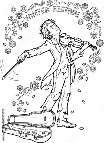 A lively violinist in tattered clothes plays with a bow in one hand and coins scattered around, surrounded by snowflakes and the text 