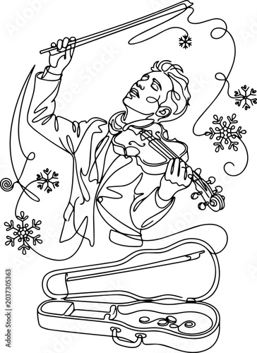 
A whimsical line art of a violinist playing passionately, surrounded by swirling snowflakes and musical notes, capturing the magic of street musicians at winter market.