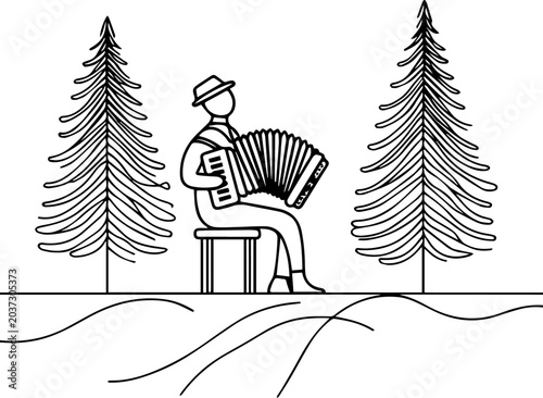 
A musician in a top hat plays a trumpet, surrounded by festive market stalls with snowflakes and stars, perfectly illustrating street musicians at winter market.