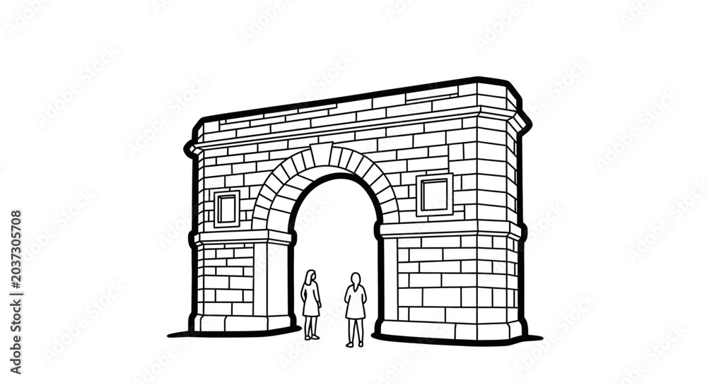 Fototapeta premium Illustration of Historic Stone Archway with Two Figures Walking.