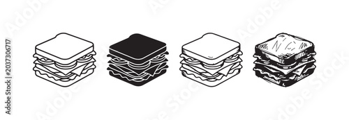 Four square sandwiches presented in various artistic styles: simple outline, solid black, clean line art, and detailed hand-drawn sketch.