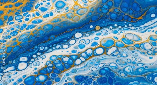 Blue and Gold Abstract Fluid Art Texture with Cells