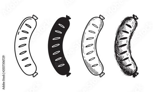 Four grilled sausages adorned with numerous short horizontal grill marks, showcased in distinct styles: outline, solid fill, detailed line art, and a hand-drawn sketch.