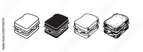 Four rectangular sandwiches displayed in a range of styles: clean outline, solid silhouette, detailed line art, and expressive hand-drawn sketch.