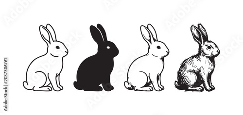 Diverse Rabbit Art Collection: Simple Line Art, Solid Silhouette, Detailed Etching, and Loose Doodle Sketch of Bunnies