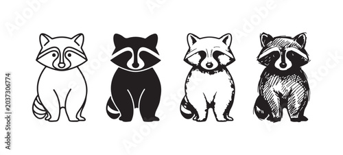 Set of Four Raccoon Artworks: Line Art, Silhouette, Etching, and Doodle Sketch, Showing a Sitting Raccoon from the Front