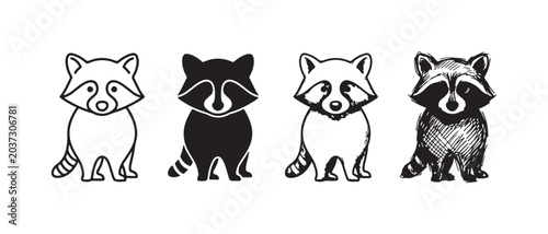 Four Front-Facing Raccoon Illustrations: Line Art, Silhouette, Etching, and Doodle Sketch, Depicting a Sitting Raccoon