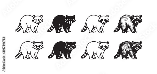 Eight Raccoon Illustrations in Varied Art Styles: Line Art, Silhouette, Etching, and Doodle Sketch, Standing Poses