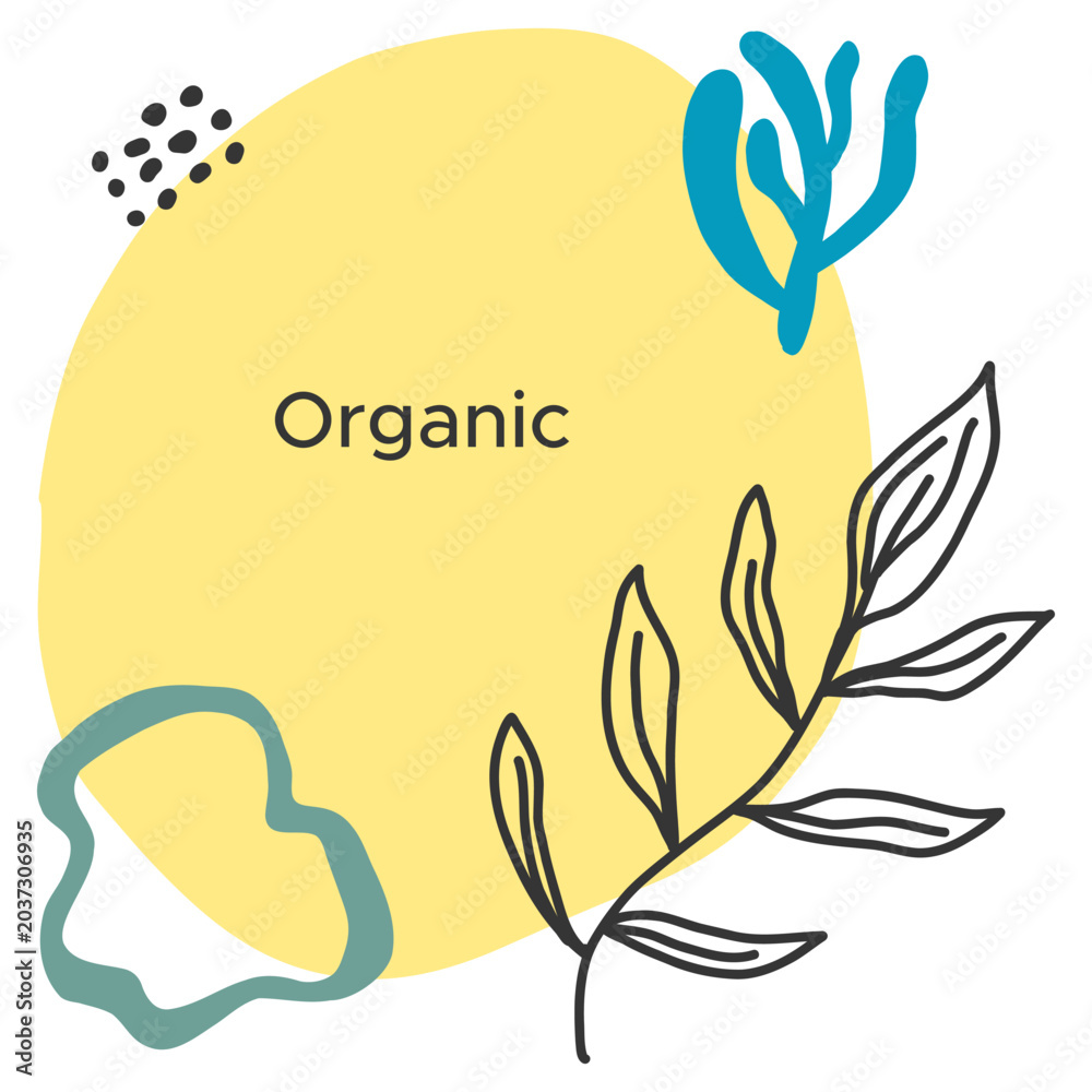 Obraz premium Organic label with yellow circle and botanical elements