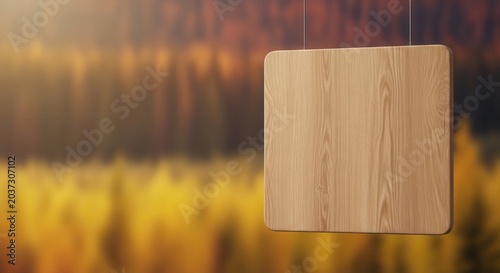 Blank wooden board with blurred autumn forest background.