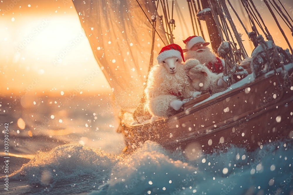 Obraz premium Santa Claus and a Friendly Sheep Set Sail on a Magical Maritime Adventure This Holiday Season.