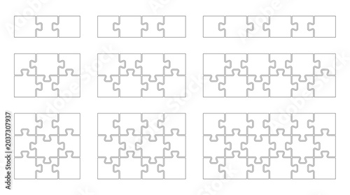 Jigsaw puzzle piece set in different sizes. Collection of templates with different pieces for game, infographic, educational design. Vector jigsaw picture template. Kit of Puzzle grid business chains